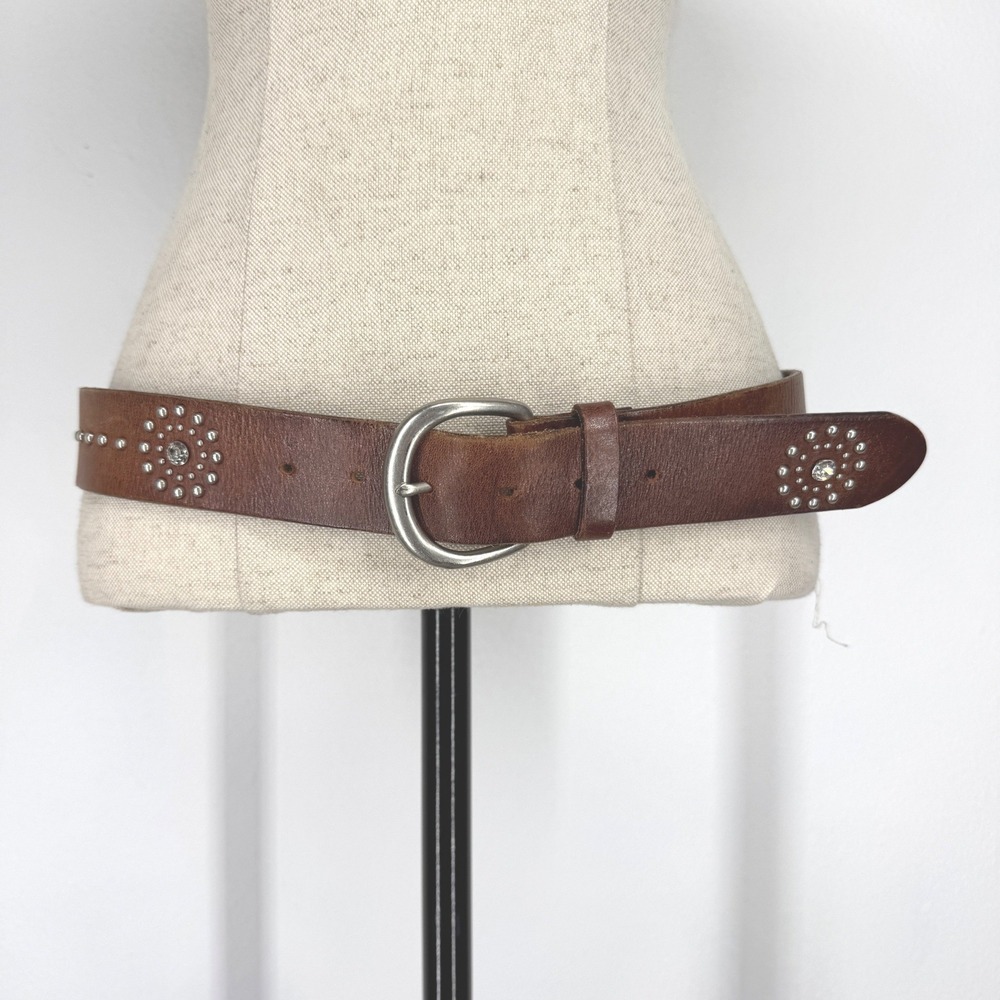 Express Women Vintage Brown Leather Studded Rhinestone Belt Silver Buckle S 90s